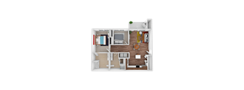 A top-down view of a small apartment with a bedroom, living room, and kitchen.