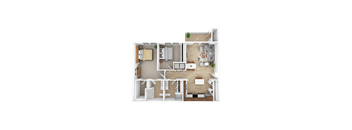 A top-down view of a small apartment with a living room, kitchen, and bedroom.