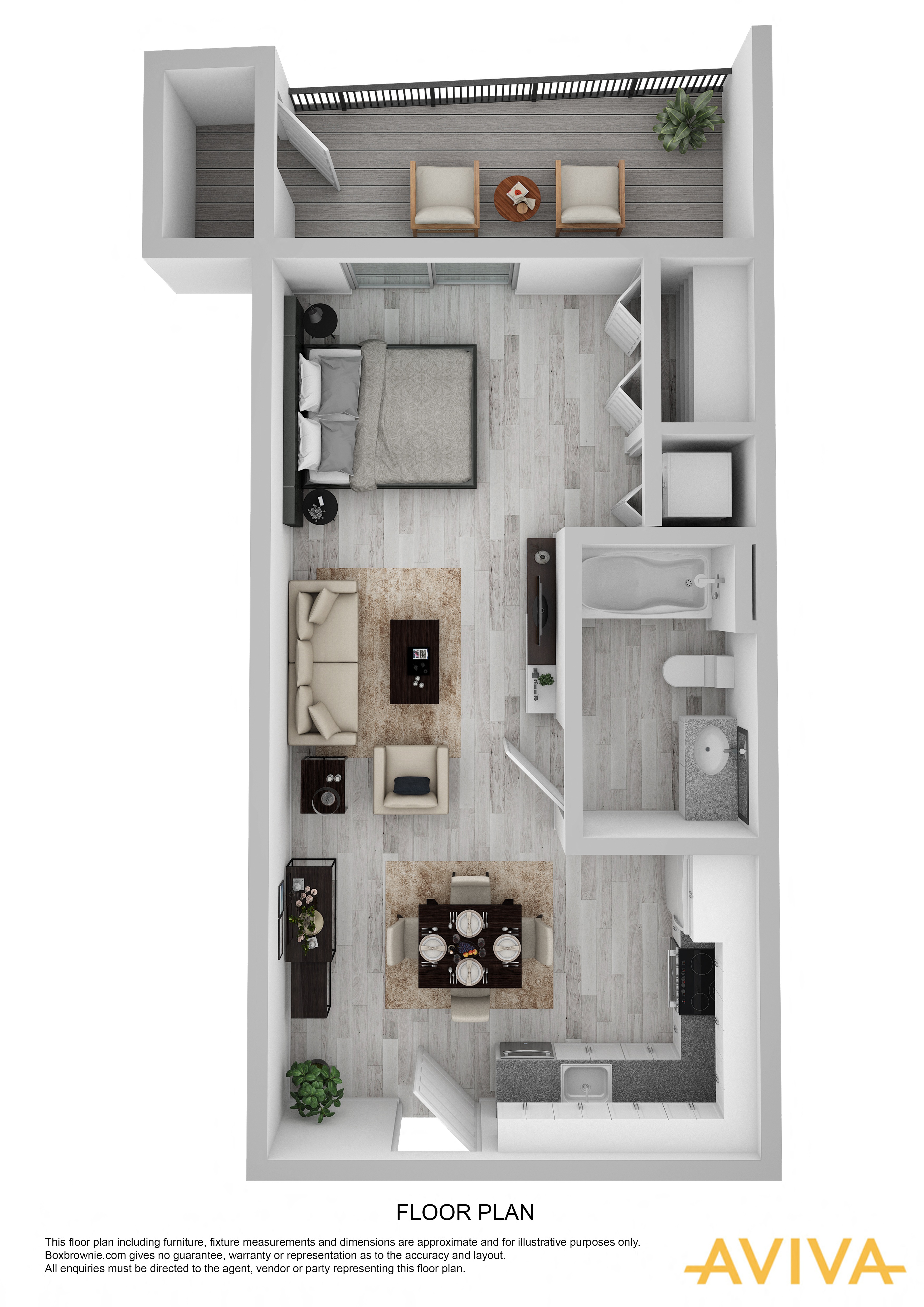 studio apartment floor plan at AVIVA Apartments