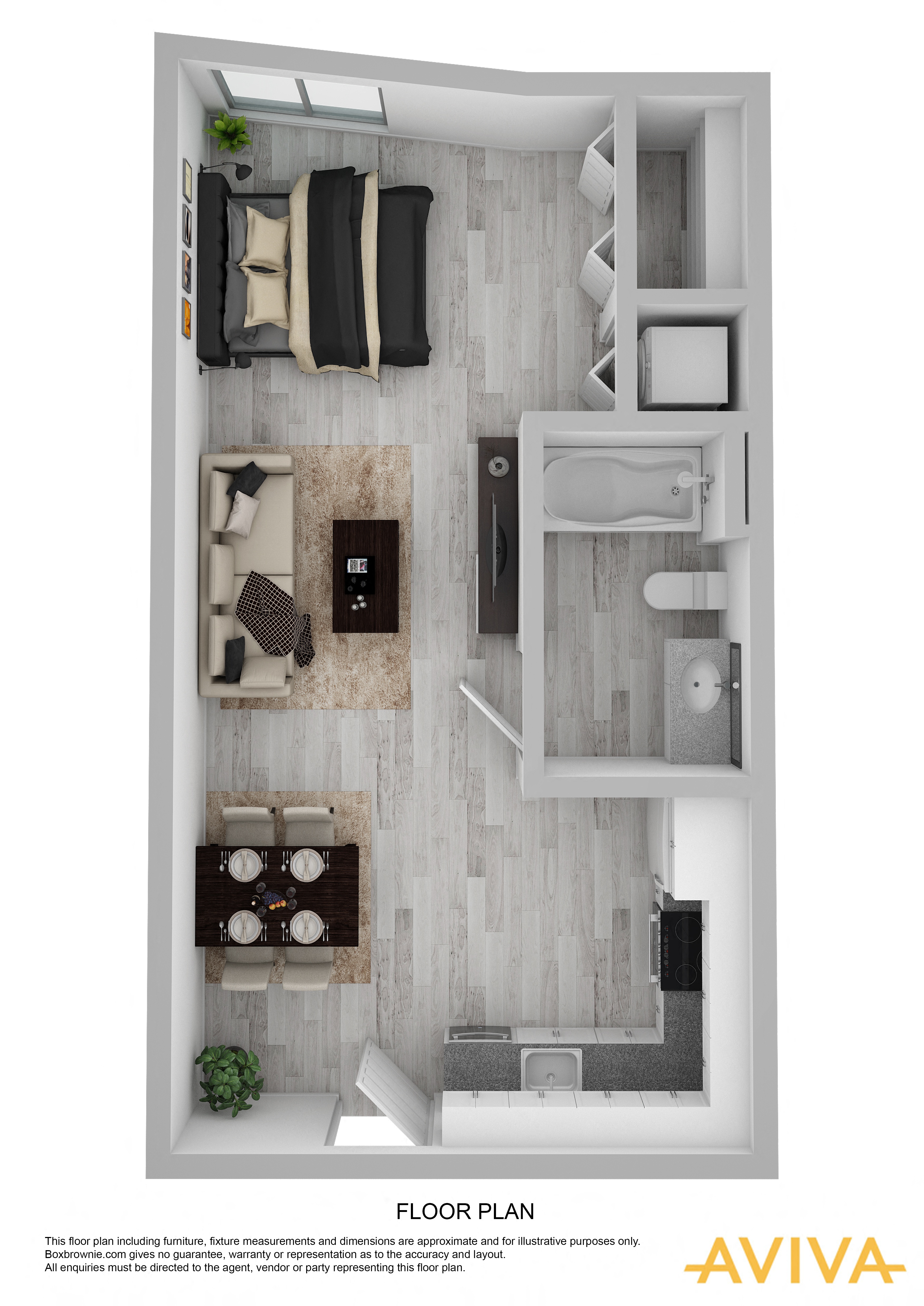 studio apartment floor plan at AVIVA Apartments