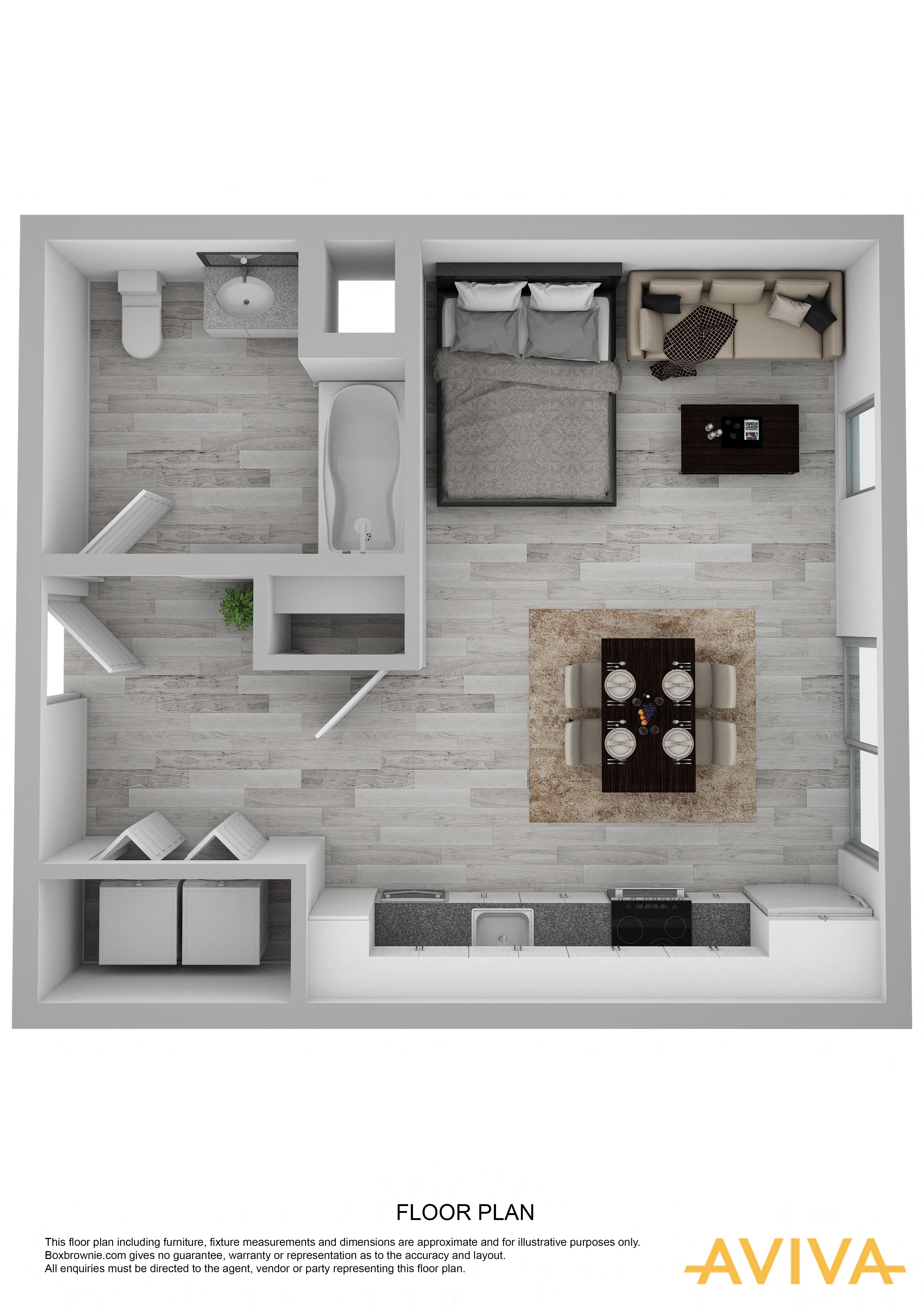 studio apartment floor plan at AVIVA Apartments