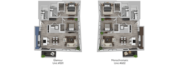 Two images of apartment layouts, one labeled Glamour Unit #501 and the other Monochromatic Unit #602.