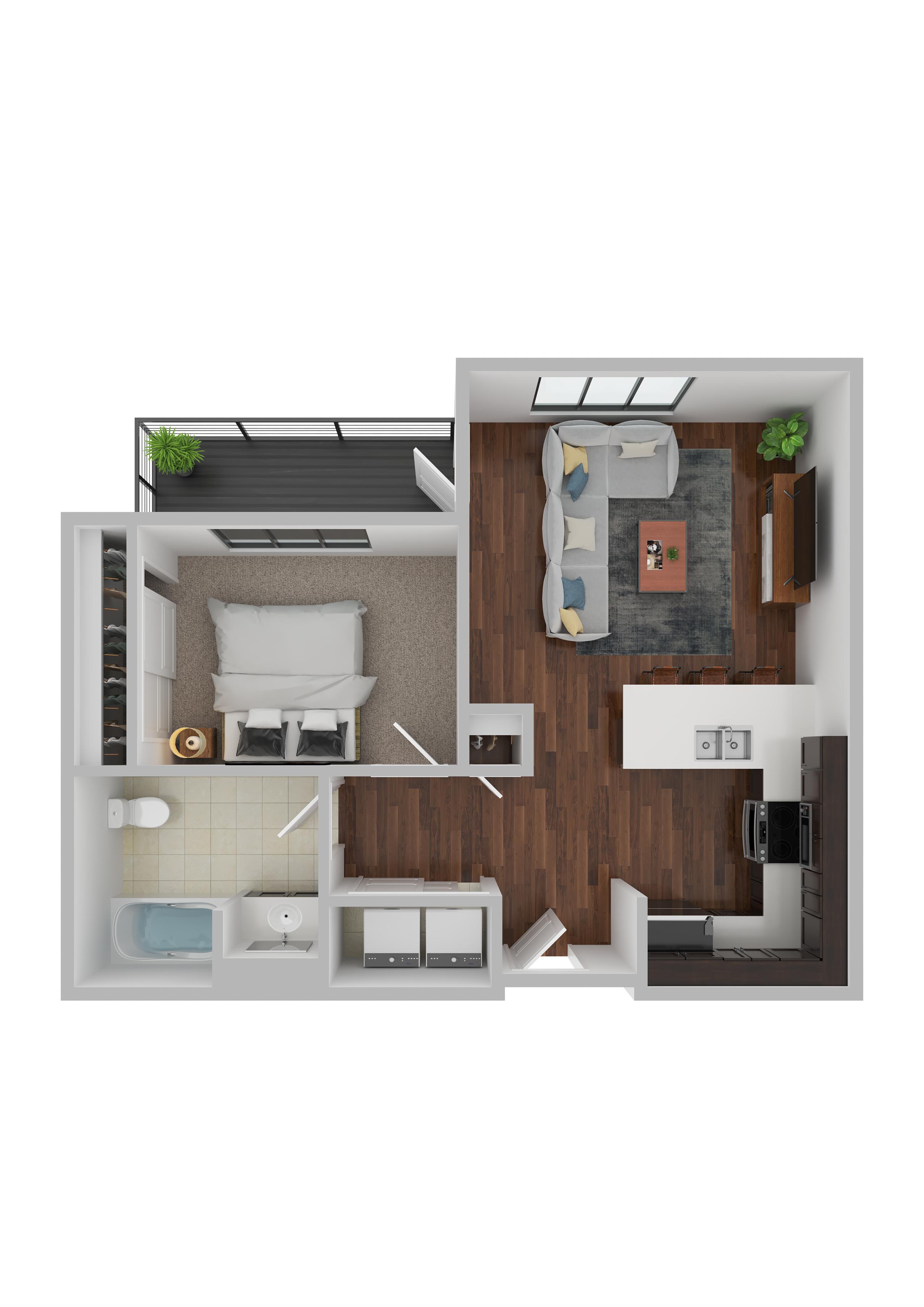 A 3D floor plan of apartment with a kitchen, living room, and bathroom.
