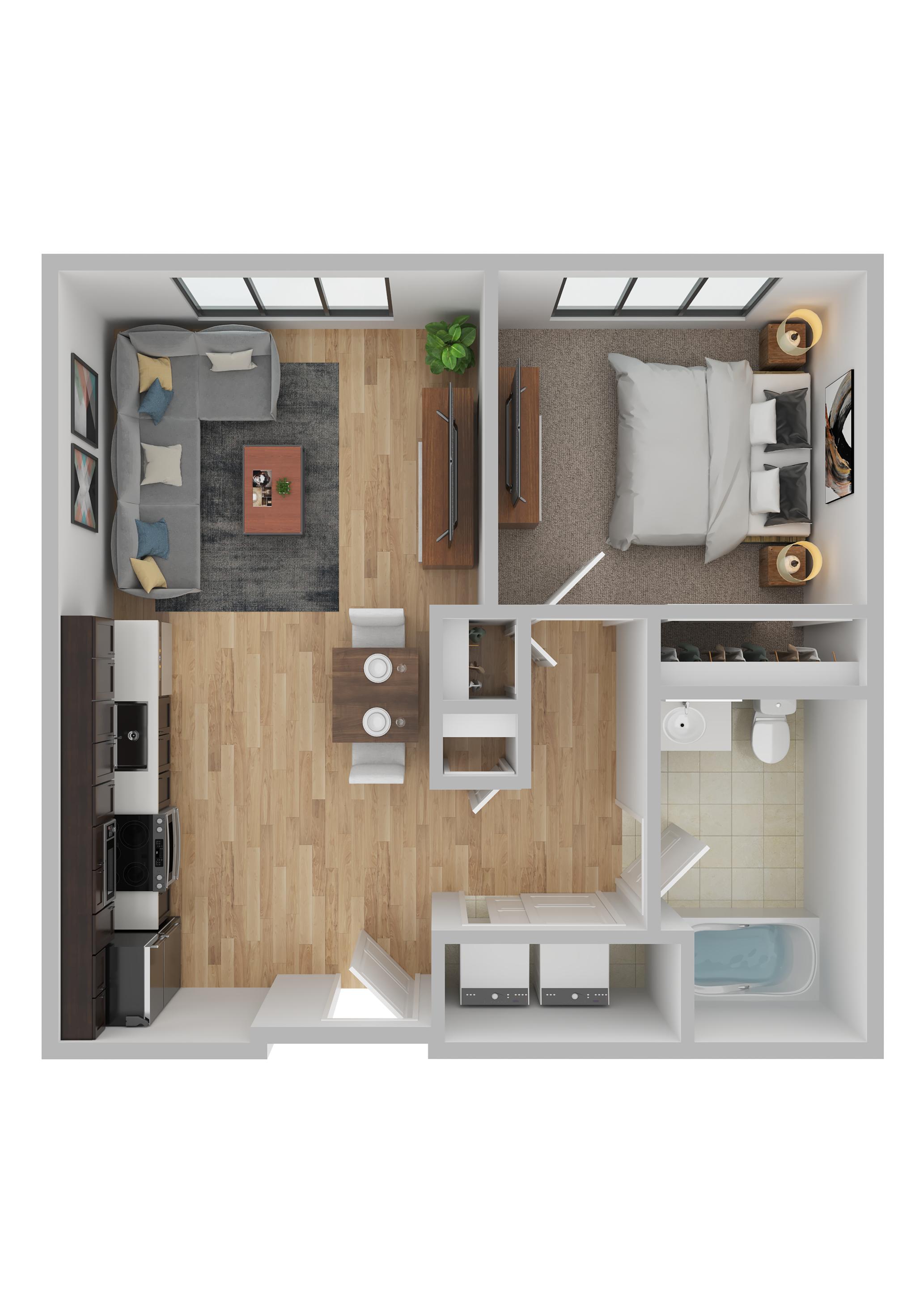 A top-down view of a modern apartment layout with a kitchen, living room, and bathroom.