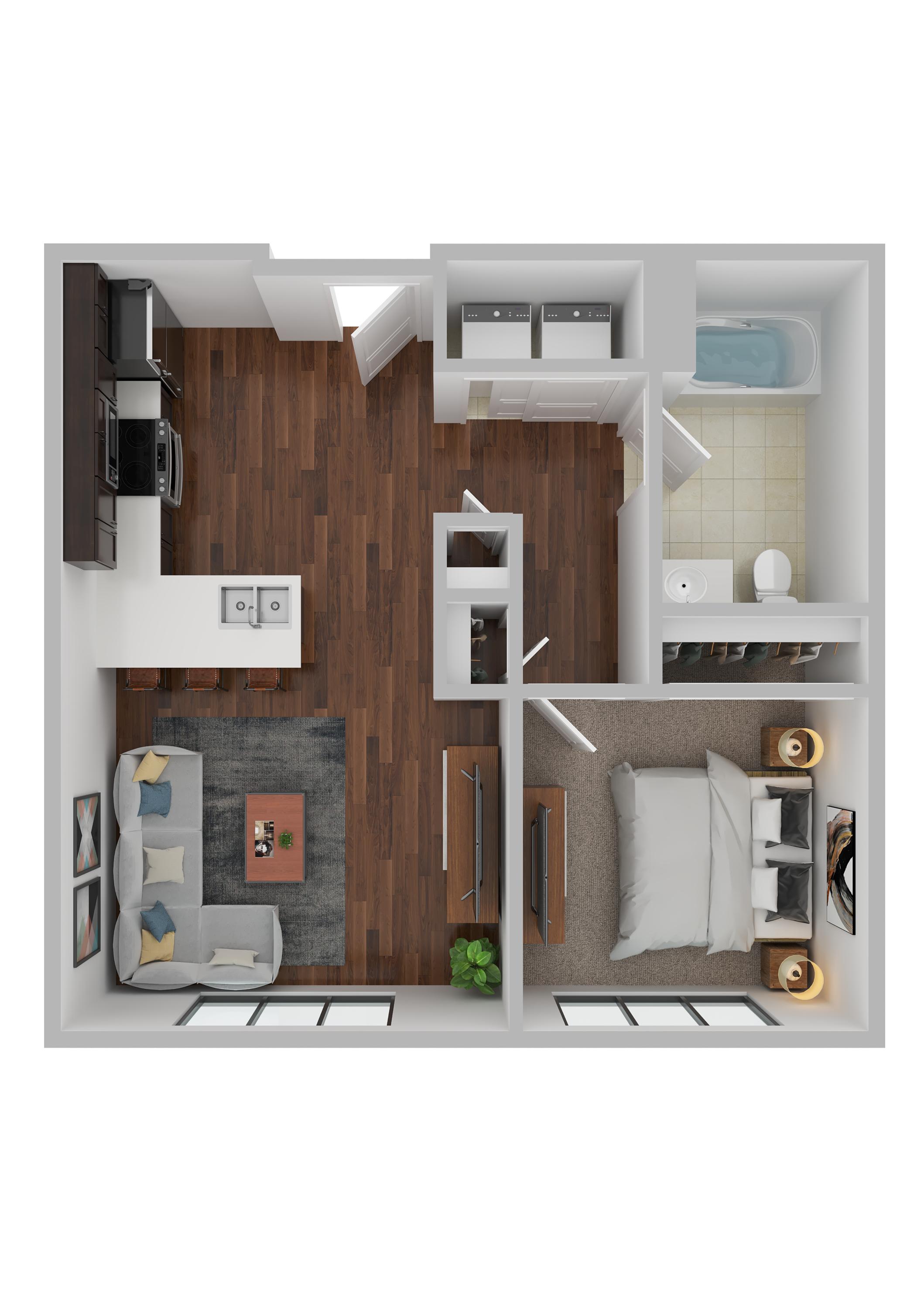 A top-down view of apartment with a living area, kitchen, and bathroom.