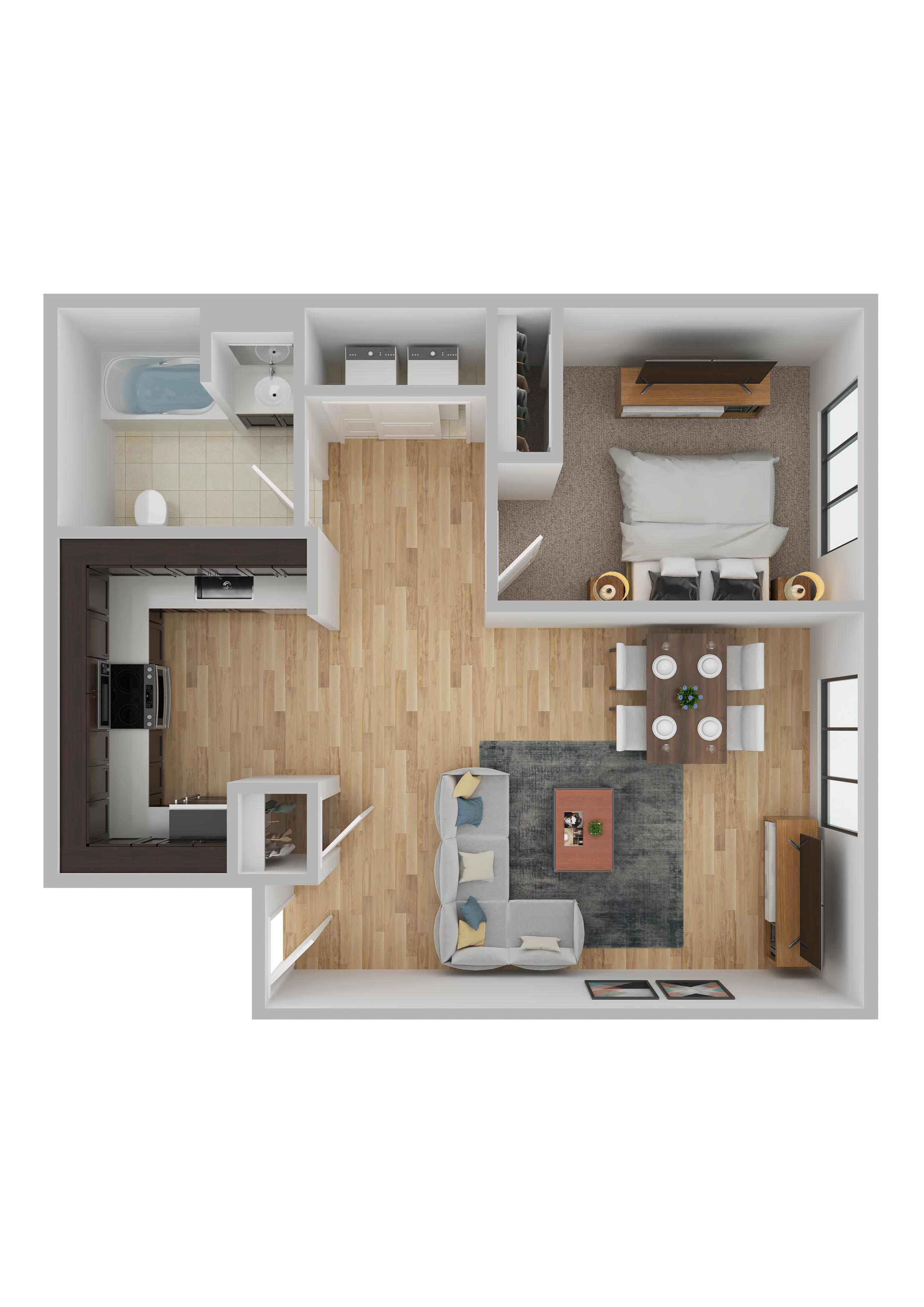A top-down view of a modern apartment layout with a kitchen, living room, and bedroom.