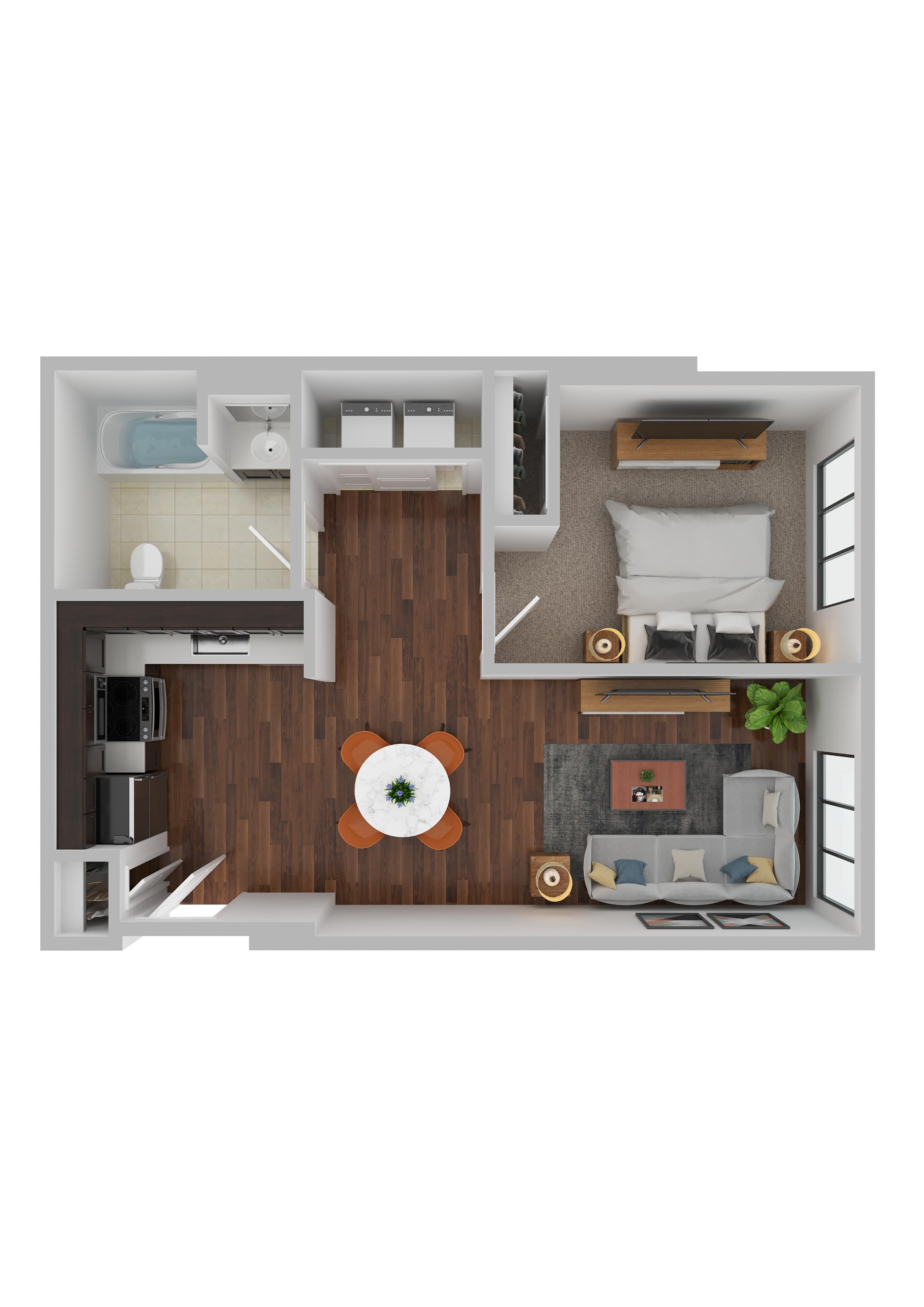 A top-down view of apartment with a kitchen, living room, and bedroom.