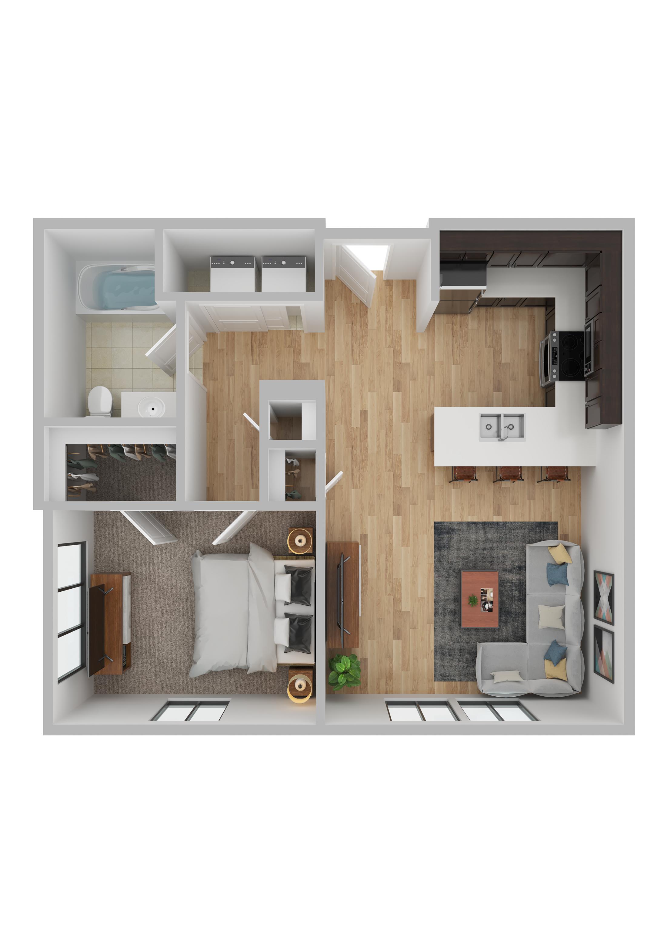 A 3D floor plan of apartment with a kitchen, living room, and bedroom.