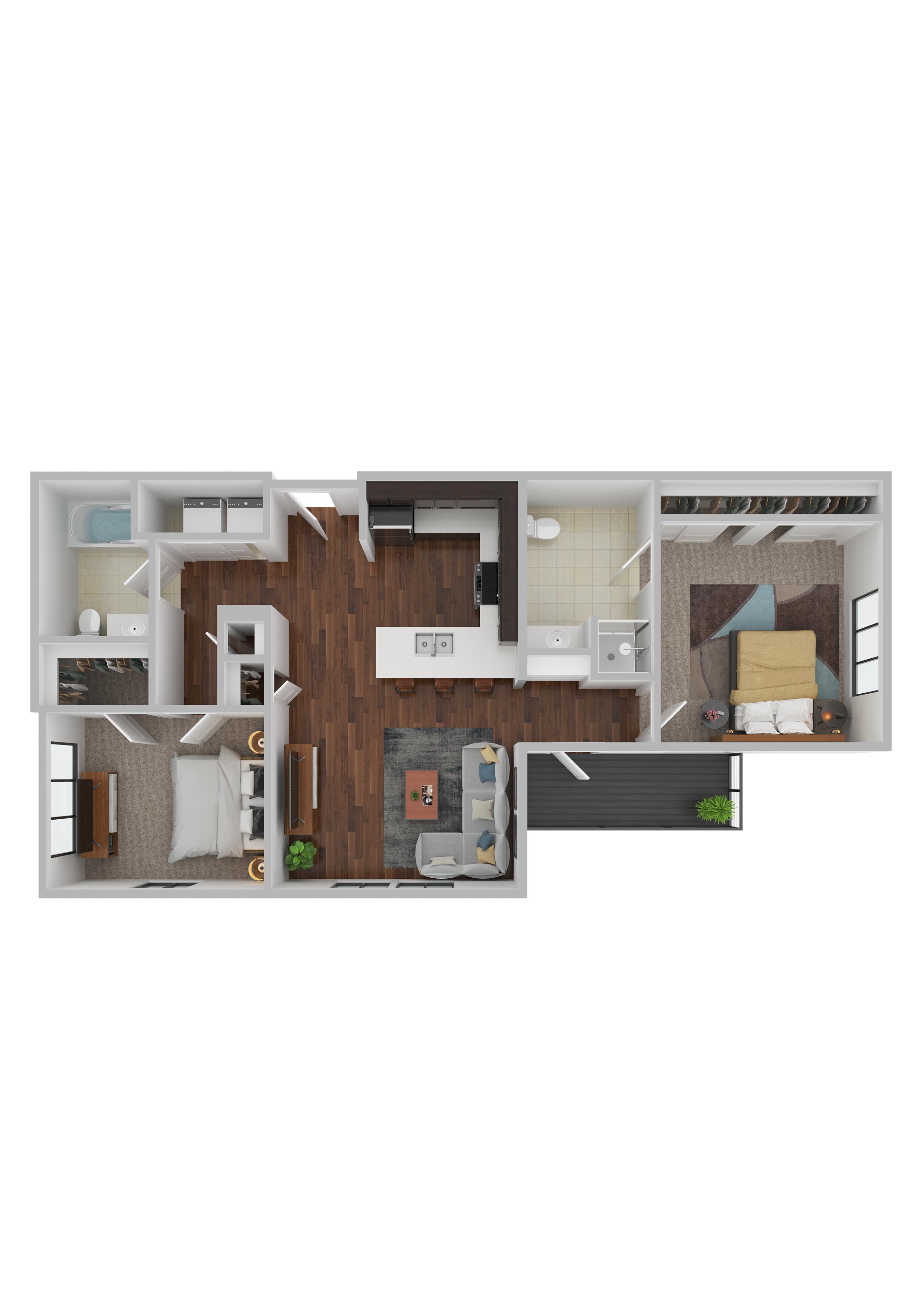 A floor plan of apartment with a kitchen, living room, and two bedrooms.