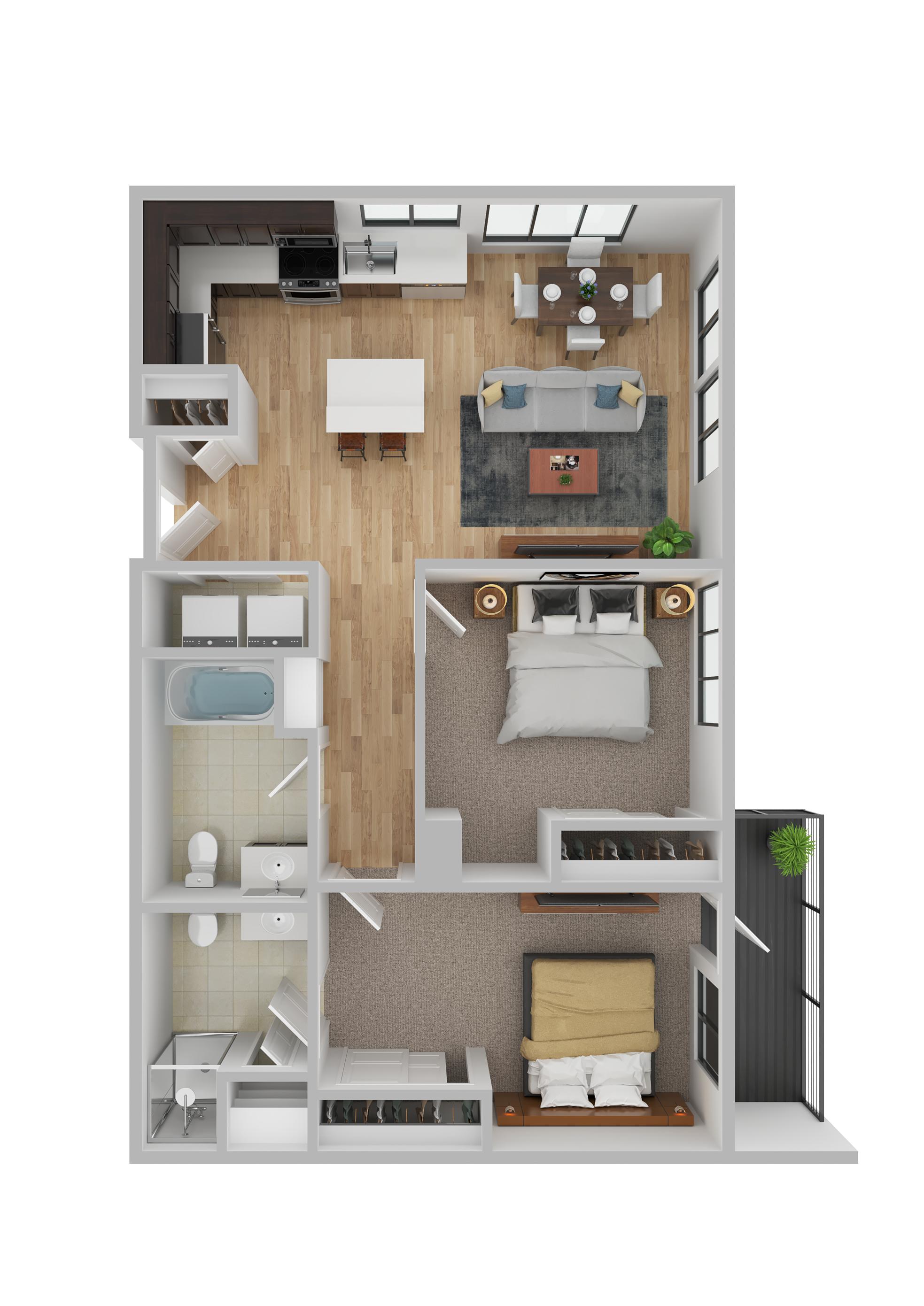 A 3D floor plan of apartment with two bedrooms and a living area.