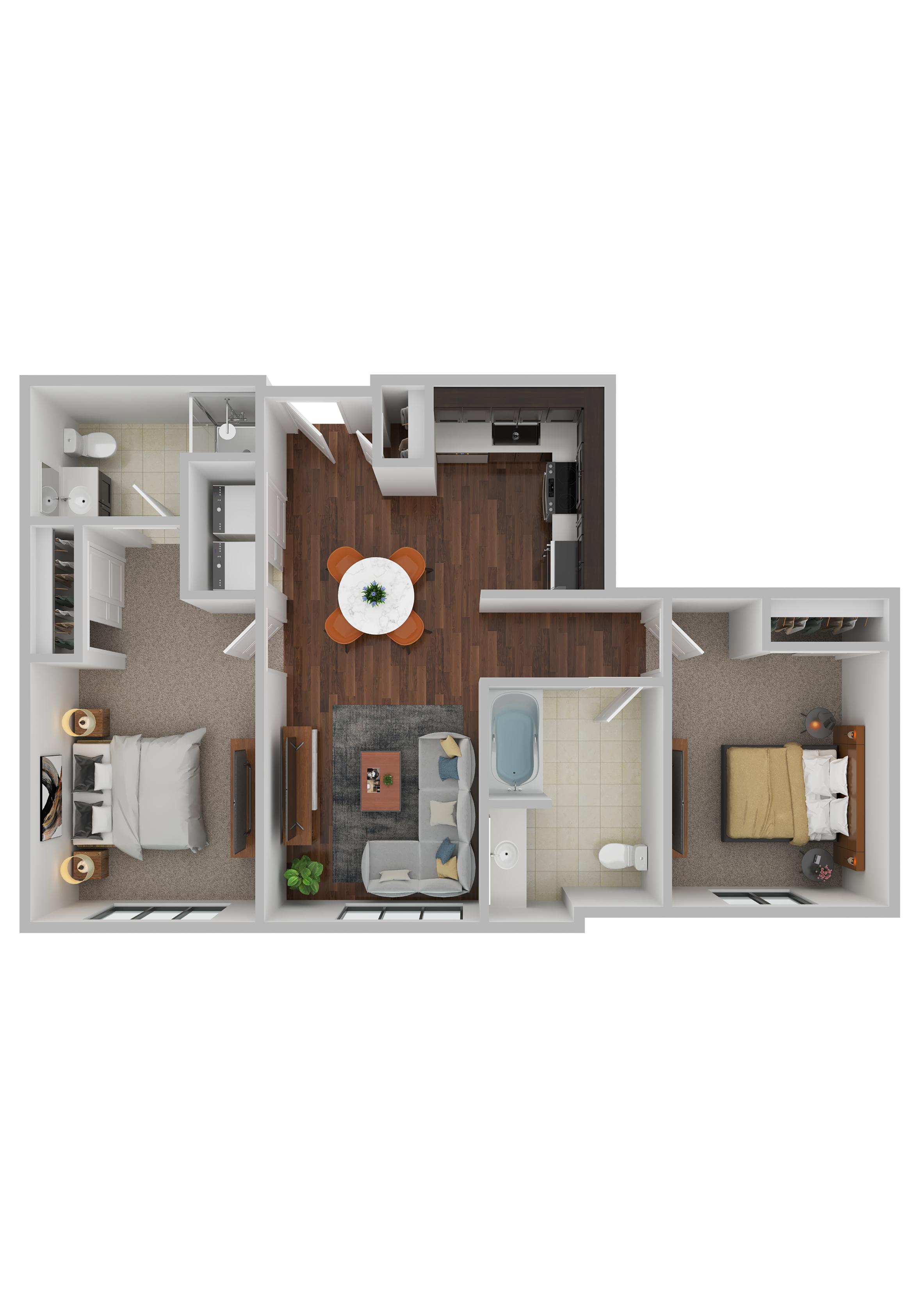 A 3D floor plan of apartment with a living room, kitchen, dining room, and bathroom.