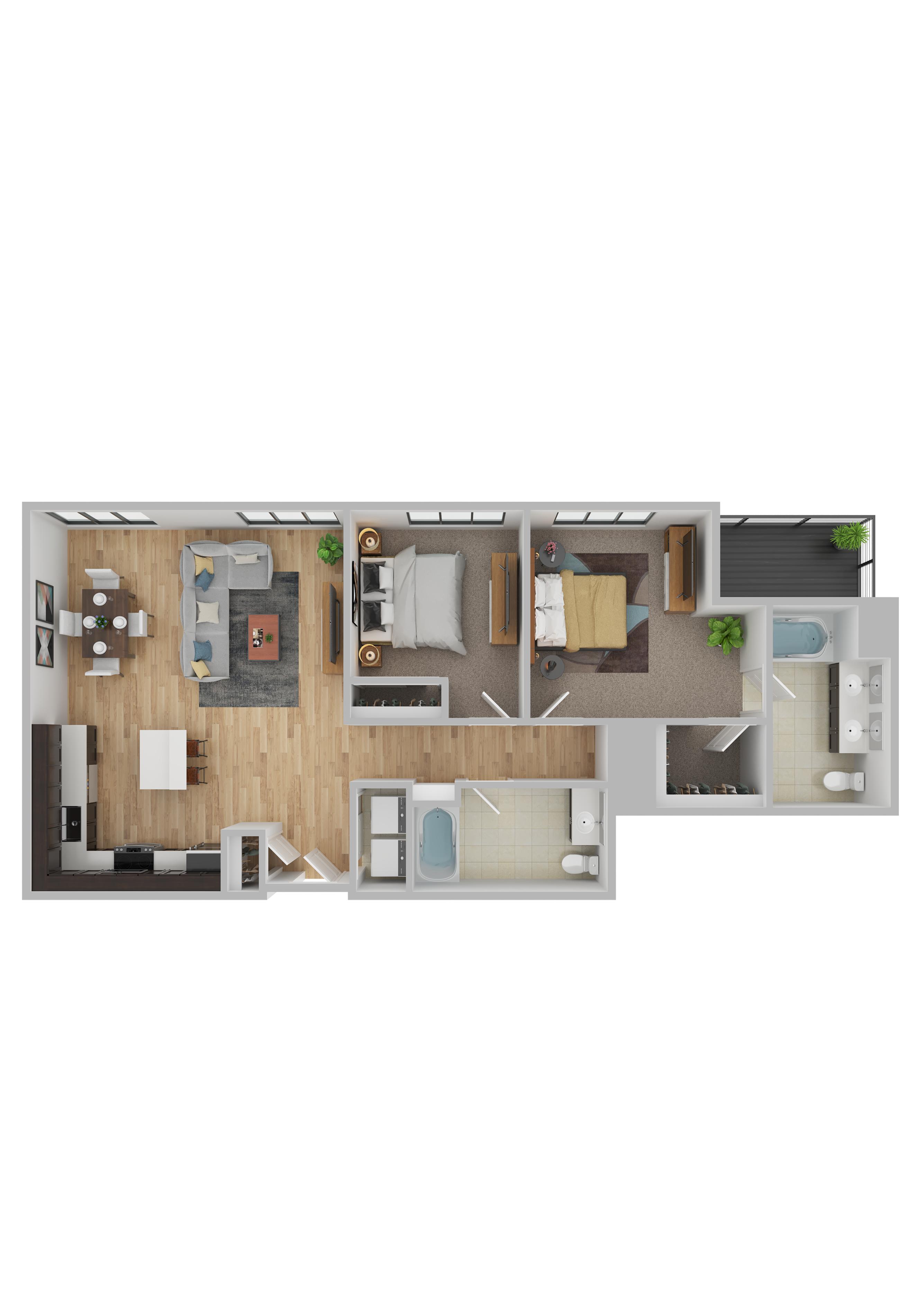 A floor plan of apartment with a kitchen, living room, and bathroom.