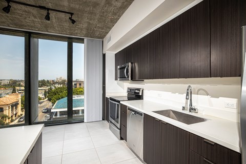 A modern kitchen with a view of the city.