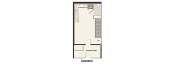 A diagram of a floor plan for a room with a private patio and stairs.