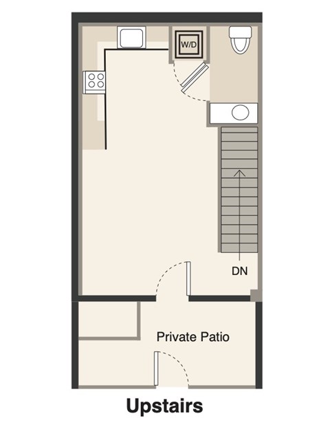 A diagram of a floor plan for a room with a private patio and stairs.