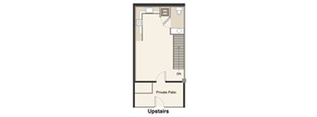 A diagram of a floor plan for a room with a private patio and a staircase leading to the upper floor.