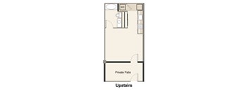 A floor plan of a room with a private patio and a W/D.