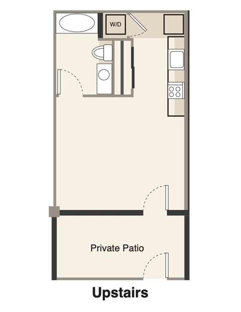 A floor plan of a room with a private patio and a W/D.