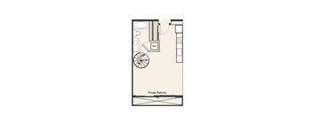 A floor plan of a private balcony with a wheelchair ramp.