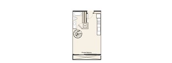 A floor plan of a room with a private balcony.