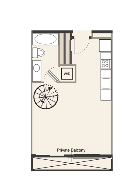 A floor plan of a room with a private balcony.