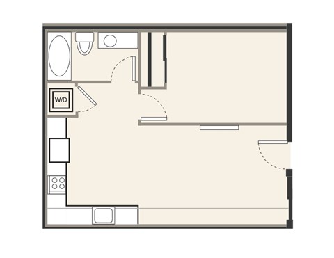 A floor plan of a room with a W.D. labeled area.