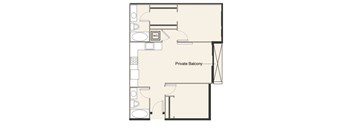 A floor plan of a room with a private balcony.