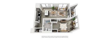 a spacious two bedroom apartment with two bathrooms and a living room with a fireplace and a balcony