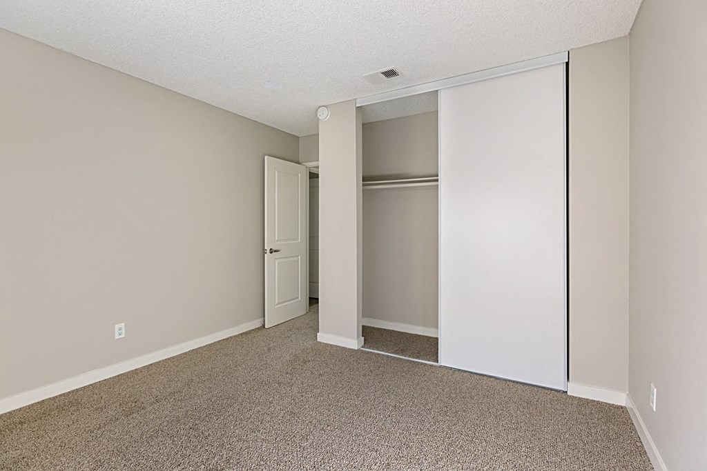 Carpeted bedroom with large closet at Solara Apartments.