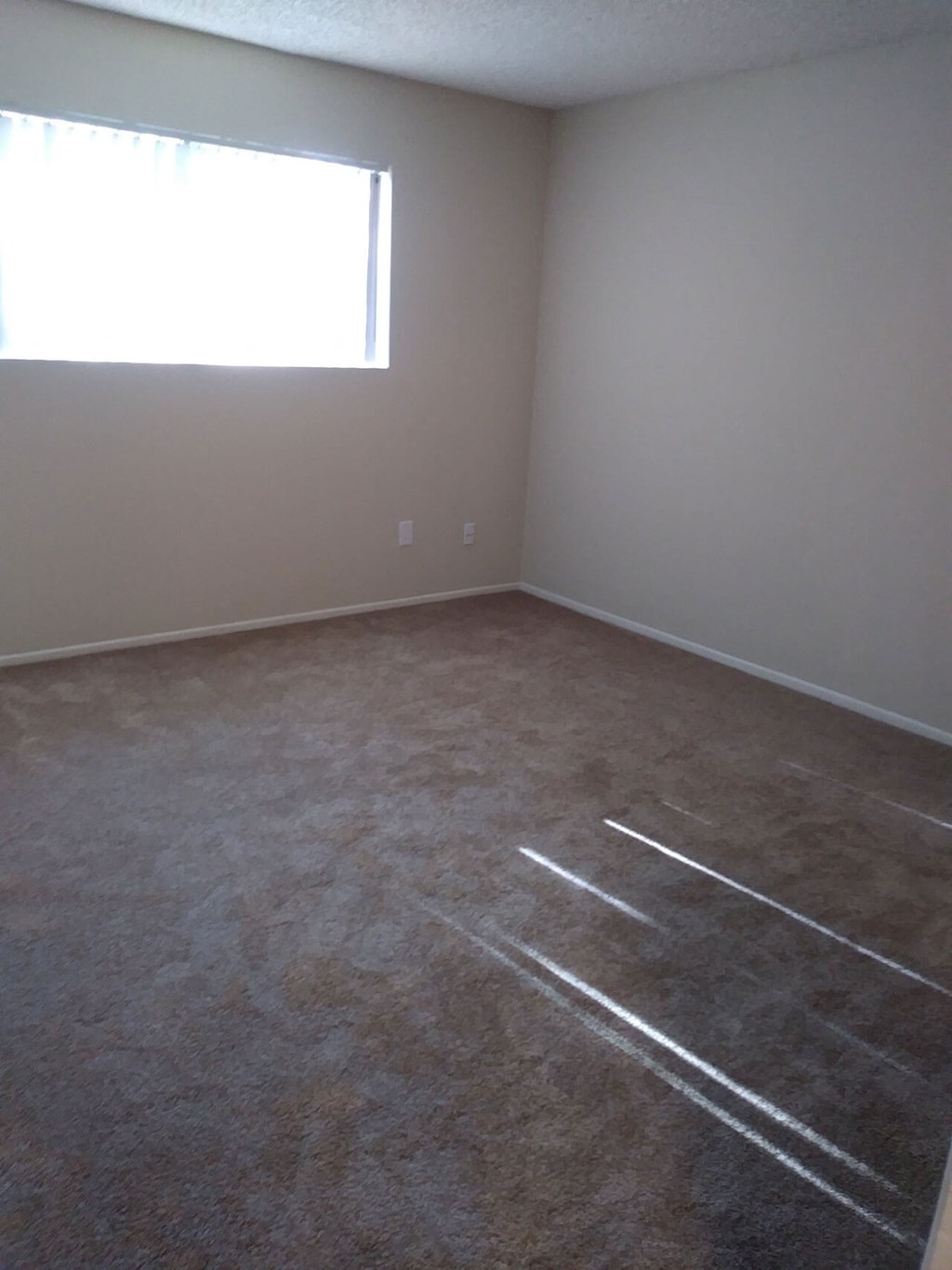Carpeted bedroom with large window at Teton Pines Apartments in Escondido, California.