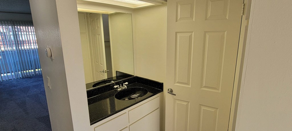 Outer vanity of bathroom at Northwood Apartments in Upland, California.