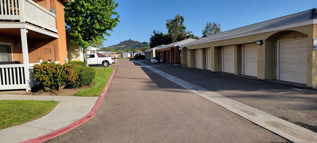 Garages and private porches and balconies at The Cove at Bear Valley in Escondido, California.