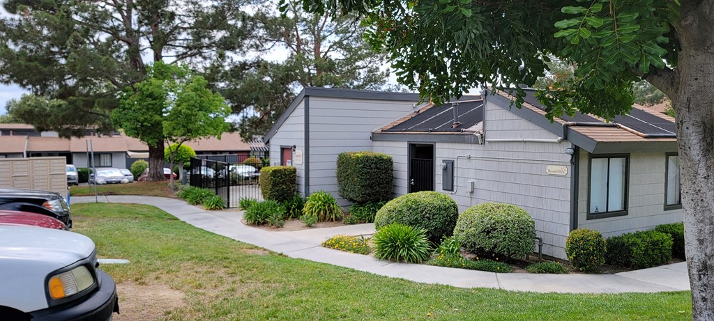 Walkway around the office and laundry room at Dove Ridge Apartments.