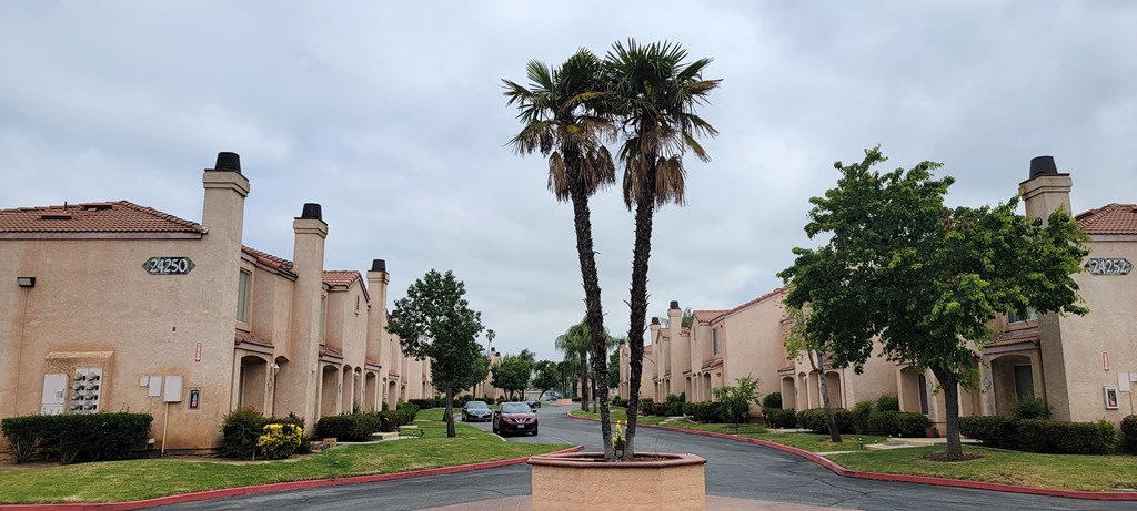 Front enterance view of Palos Verdes Village Townhomes in Moreno Valley, CA.