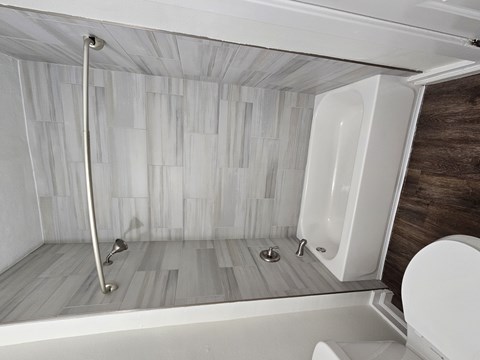 A white toilet is next to a walk-in shower with a glass door.