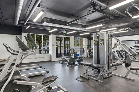 A gym with treadmills, weights, and other exercise equipment.