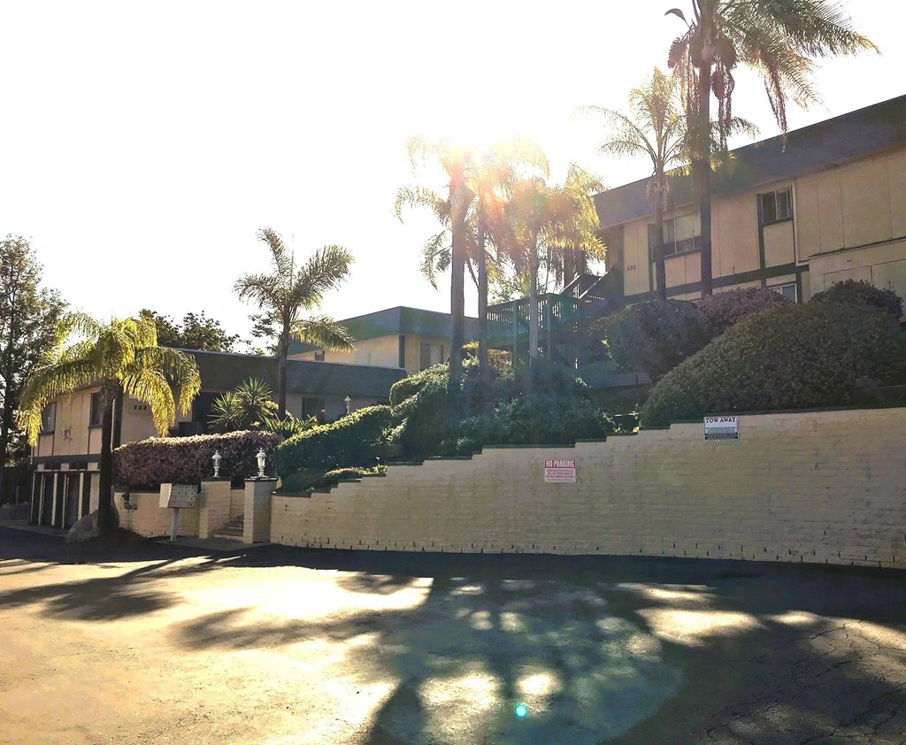 Street view of enterance at Tulip Street Apartments in Escondido, California.