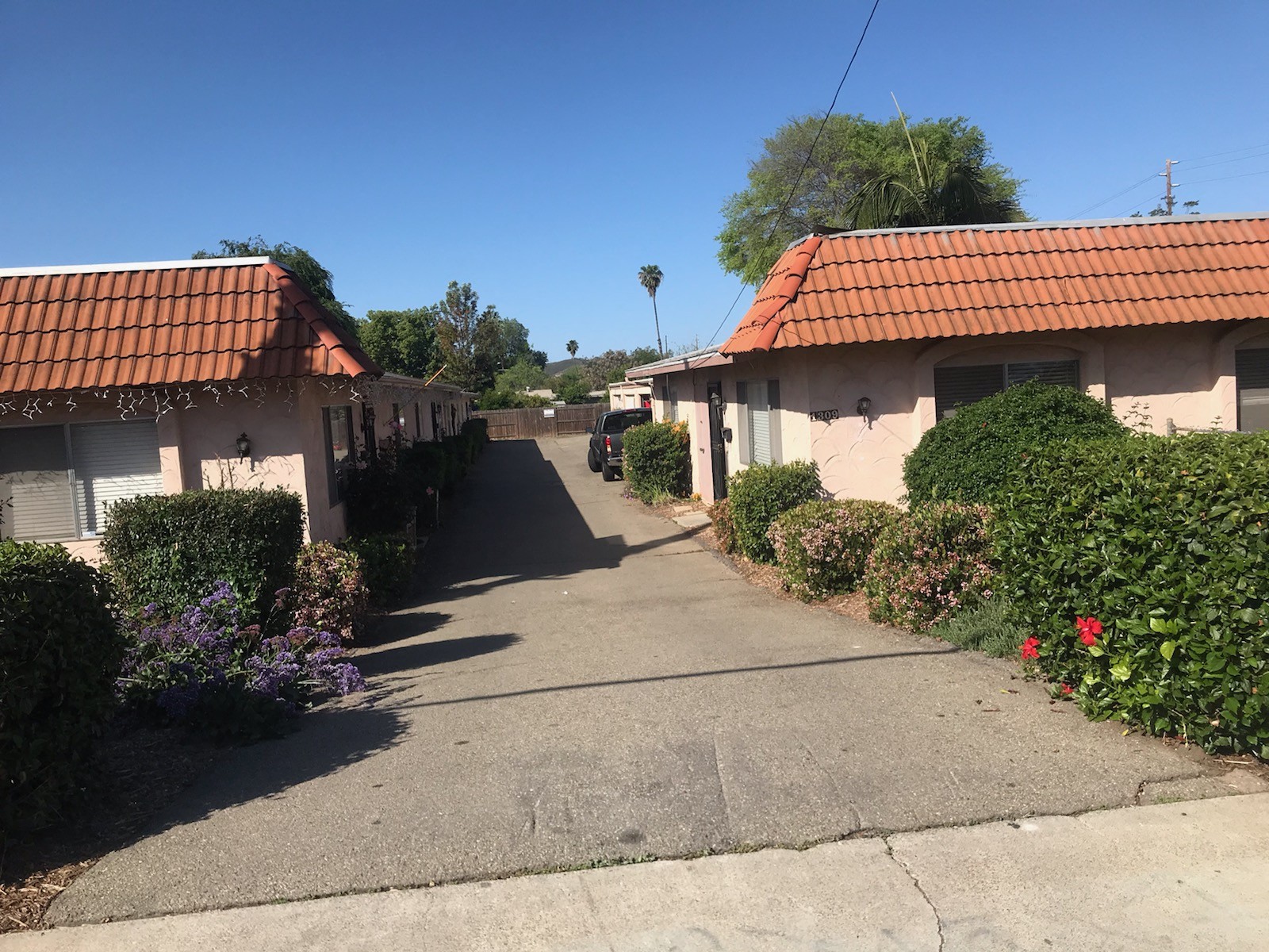 Mature landscaping near enterance to Juniper Street Apartments in Escondido, California.