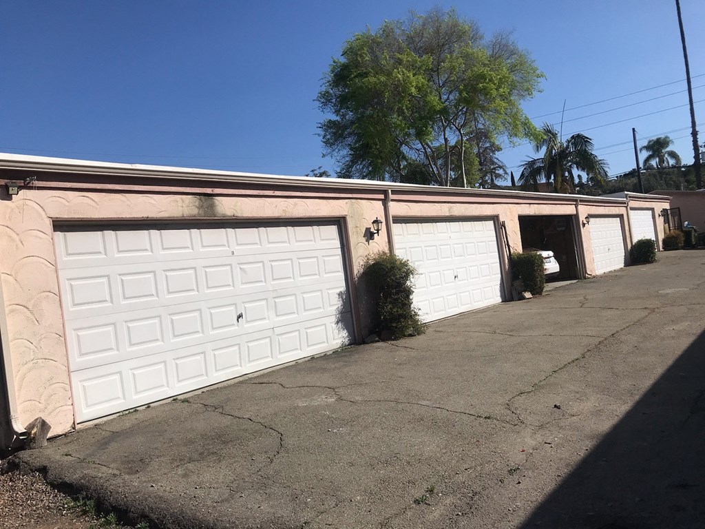Row of garages at Juniper Street Apartments in Escondido, California