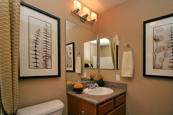 Bathroom with dark wood vanity and white fixtures at Serenata Townhomes in San Diego, California.