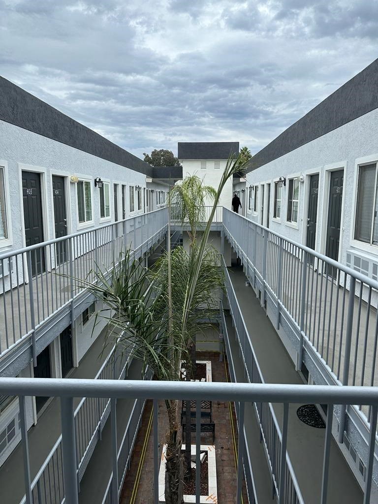Top floor view of innear courtyard at the Atrium Apartments in downtown San Diego, CA.