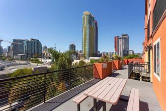 Balcony bench with view of San Diego at the Artium Apartments in San Diego, California.