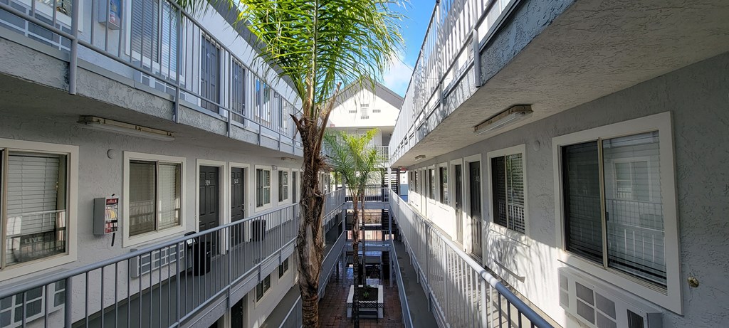 Gated inner atrium at the Atrium Apartments in San Diego, California.