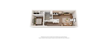 A 3D floor plan of a small apartment with a kitchen, living room, and bedroom.