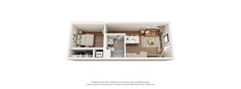 A 3D floor plan of a small apartment with a kitchen, living room, and bedroom.