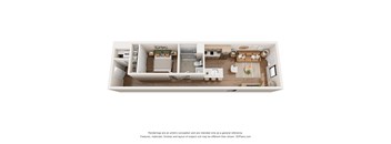 A 3D floor plan of a small apartment with a kitchen, living room, and bedroom.