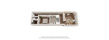 A 3D floor plan of a small apartment with a kitchen, living room, and bathroom.