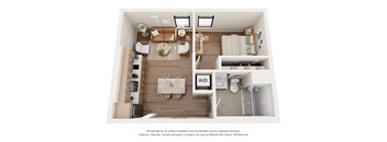 A 3D floor plan of a small apartment with a kitchen, living room, and bathroom.