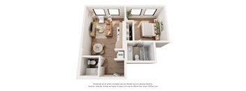A 3D floor plan of a small apartment with a kitchen, living room, and bathroom.