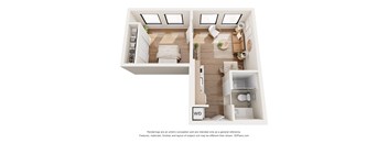 A 3D floor plan of a small apartment with a kitchen, living room, and bathroom.